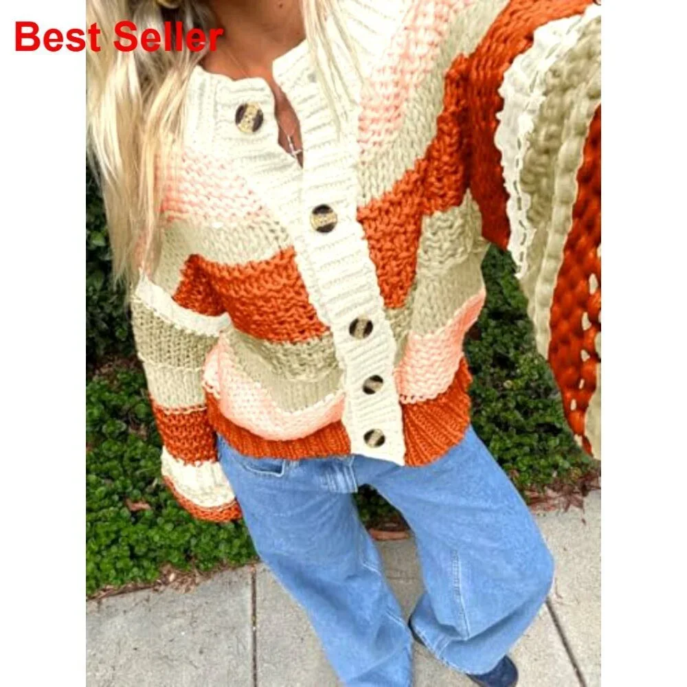 Striped Chunky Cardigan Sweater Button Up Oversized Long Sleeve Knit